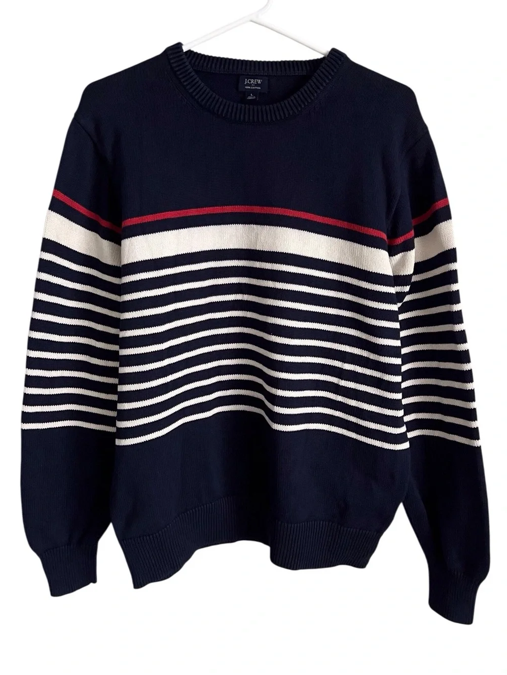 J Crew Men’s Crewneck Stripe Sweater Navy Cotton Nautical Fisherman Preppy Large